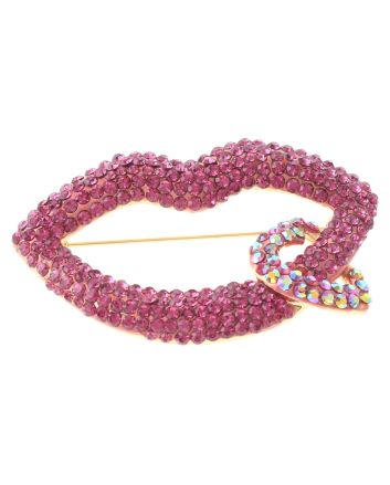 Large Crystal Lip & Heart Brooch